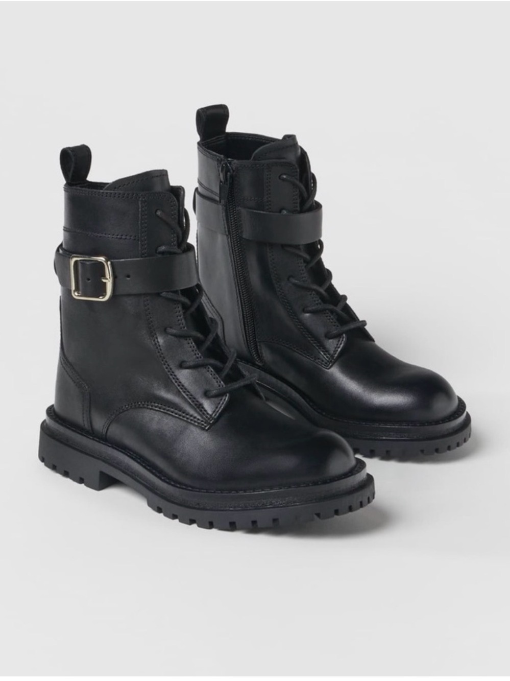 Zara Black Leather Combat Boots with Buckle